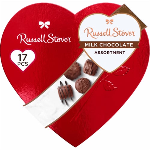 RUSSELL STOVER Valentine's Day Red Foil Heart Assorted Milk Chocolate Candy Gift Box Perspective: front