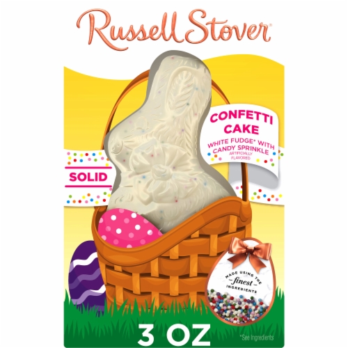 RUSSELL STOVER Easter Bunny Solid White Fudge Confetti Cake Candy Rabbit Perspective: front