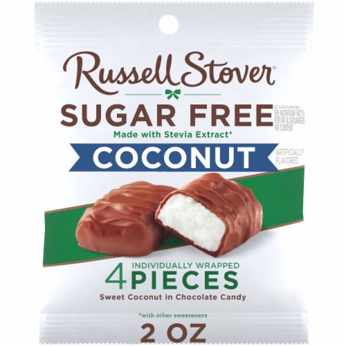 RUSSELL STOVER Sugar Free Coconut in Chocolate Candy, 2 oz bag Perspective: front