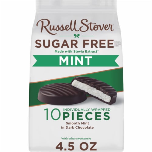 RUSSELL STOVER Sugar Free Dark Chocolate Mint Patties Candy, 4.5 oz bag Perspective: front