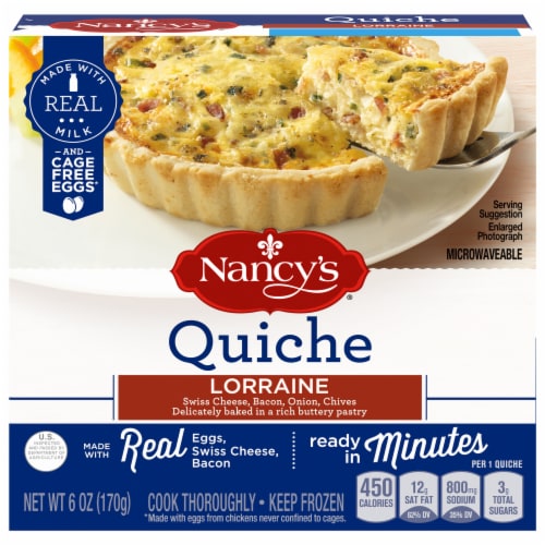 Nancy's Lorraine Quiche with Eggs, Swiss Cheese, Bacon, Onion & Chives Frozen Meal, Box Perspective: front