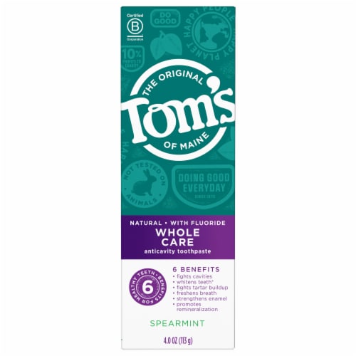 Tom's of Maine Whole Care with Fluoride Spearmint Natural Toothpaste Perspective: front