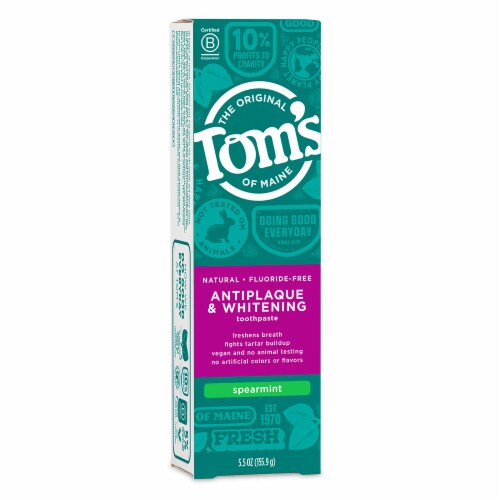 Tom's of Maine Fluoride-Free Antiplaque & Whitening Natural Toothpaste Spearmint Gel Perspective: front