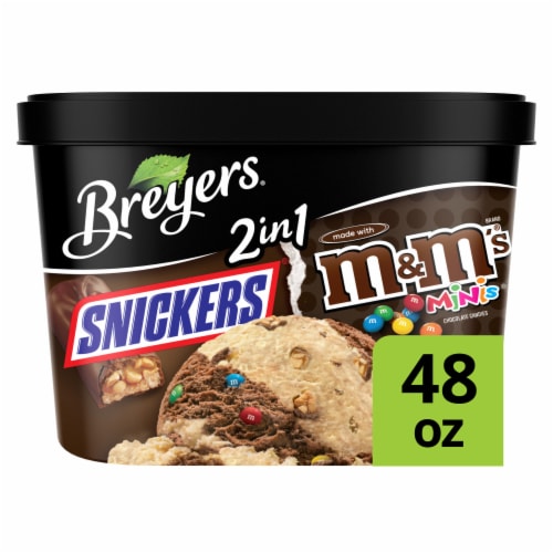 Breyers 2 in 1 Snickers M&M's Minis Light Caramel and Chocolate Ice Cream Perspective: front