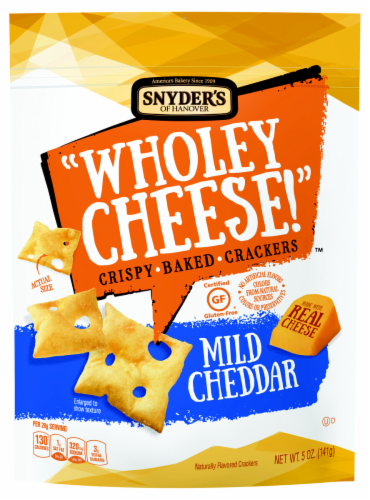 Snyder's Wholey Cheese! Mild Cheddar Crispy Baked Crackers Perspective: front