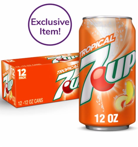 7UP Tropical Caffeine Free Lemon Lime Mango Peach Soda Cans Perspective: front