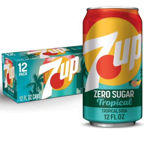 7UP Tropical Zero Sugar Caffeine Free Lemon Lime Mango Peach Soda Cans Perspective: front