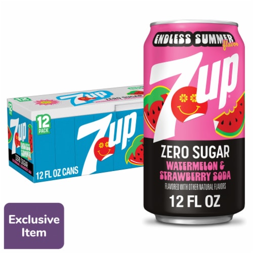 7UP Zero Sugar Caffeine Free Watermelon Strawberry Soda Cans Perspective: front