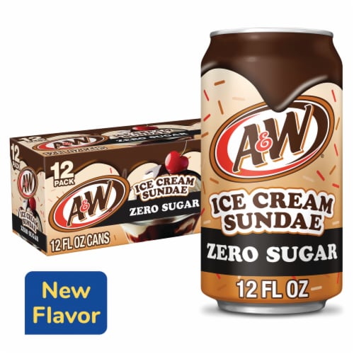 A&W Ice Cream Sundae Zero Sugar Caffeine Free Soda Cans Perspective: front