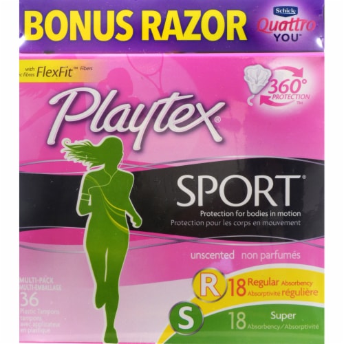 Playtex Sport Unscented Regular & Super Plastic Tampons with Bonus Razor Perspective: front