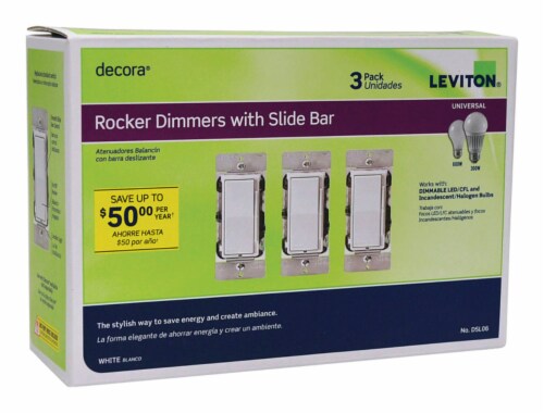 Leviton Decora White 600 watt Rocker Dimmer - Total Qty: 1; Each Pack Qty: 3; Total Items Perspective: front