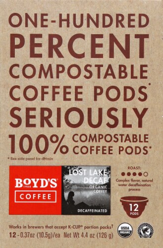 Boyd's Coffee Decaf Lost Lake Dark Roast Organic Coffee Pods Perspective: front