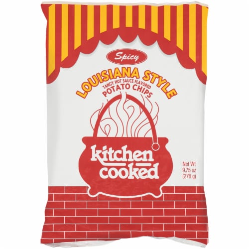 Kitchen Cooked Spicy Louisiana Style Tangy Hot Sauce Flavored Potato Chips Perspective: front