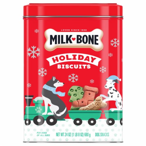 Milk-Bone Holiday Tin Dog Snack Biscuits Perspective: front