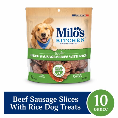 Milo’s Kitchen Beef Sausage Slices With Rice Dog Treats Perspective: front