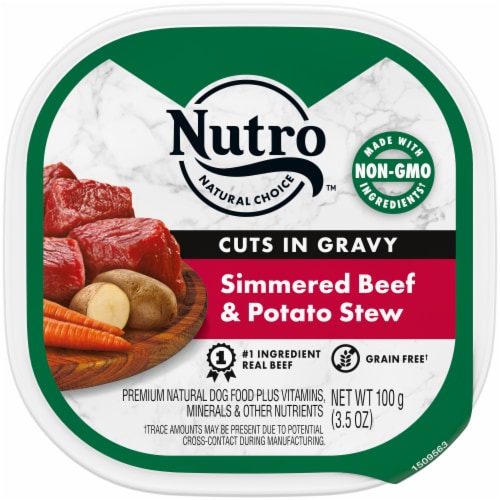 NUTRO Gravy Simmered Beef & Potato Stew Recipe Adult Natural Grain Free Wet Dog Food Cuts Perspective: front
