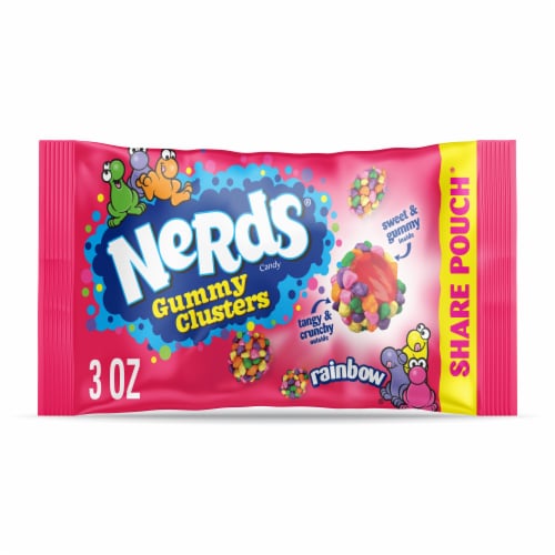 NERDS Gummy Clusters Rainbow Crunchy And Gummy Candy Bag Perspective: front