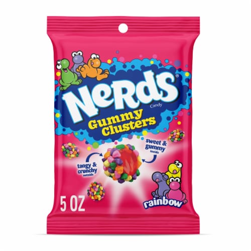 NERDS Gummy Clusters Rainbow Crunchy And Gummy Candy Bag Perspective: front