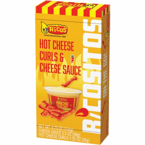 Ricos Ricositos Hot Cheese Curls & Cheese Sauce Perspective: front