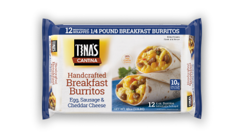 Tina's Cantina Handcrafted Breakfast Burritos Egg Sausage & Cheddar Cheese Burritos Perspective: front