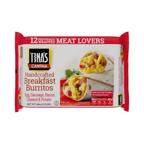 Tina’s Cantina Meat Lovers Handcrafted Breakfast Burritos Perspective: front