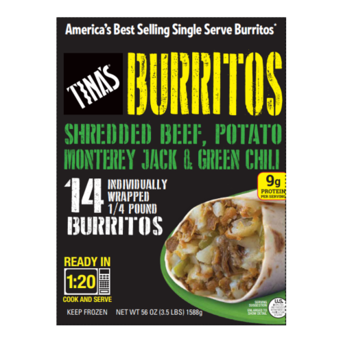 Tina's Shredded Beef Potato Monterey Jack & Green Chili Burritos Perspective: front