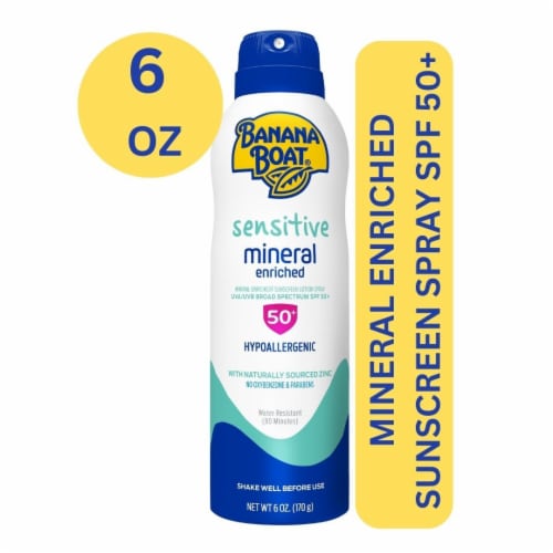 Banana Boat Sensitive Mineral Enriched Sunscreen Spray SPF 50 Hypoallergenic Paraben Free Perspective: front