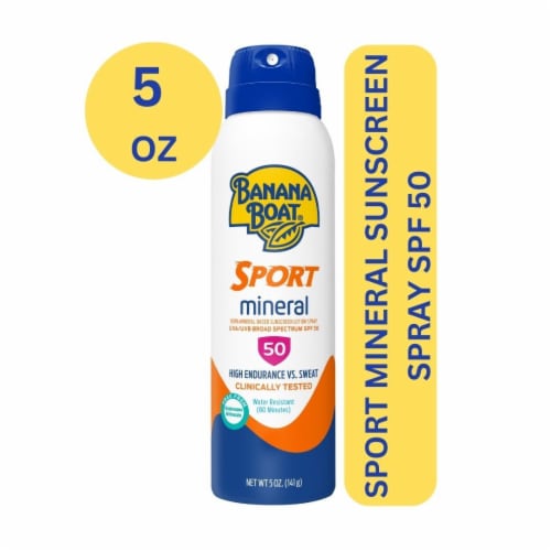 Banana Boat Sport Mineral Sunscreen Spray SPF 50+ 100% Mineral High Endurance Vs Sweat + Water Perspective: front