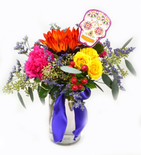 Day of the Dead Floral Arrangement in Clear Vase Perspective: front