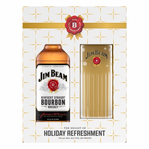 Jim Beam Kentucky Straight Bourbon Whiskey with Holiday Highball Glass Perspective: front