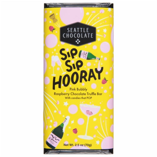 Seattle Chocolate Sip Sip Hooray Raspberry Popping Candy Dark Chocolate Candy Bar Perspective: front
