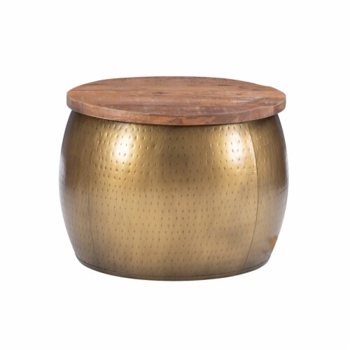 Linon Reid Metal Drum Table with Storage in Brass Perspective: front