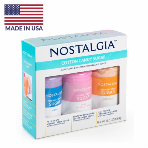 Nostalgia Grape, Pink Bubble Gum, and Orange Cotton Candy Flossing Sugar 3 Count Perspective: front