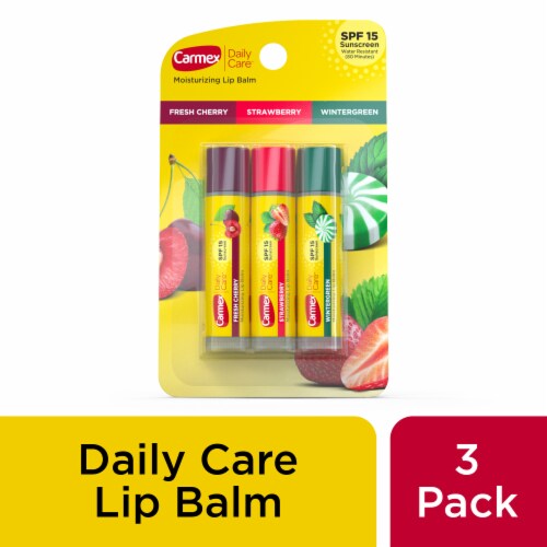Carmex Daily Care Moisturizing Lip Balm Sticks, Fresh Cherry, Strawberry and Wintergreen Perspective: front