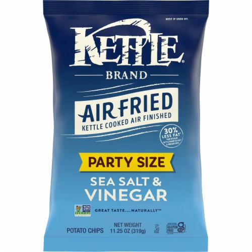 Kettle Brand Potato Chips, Air Fried Sea Salt and Vinegar Kettle Chips, 11.25 Oz Party Size Bag Perspective: front