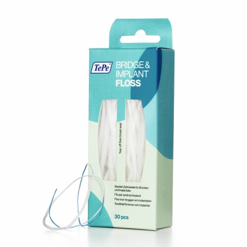 TEPE Bridge Implant Dental Floss - Thick, Flexible with Stiff Ends for Braces, 30 Pcs Perspective: front
