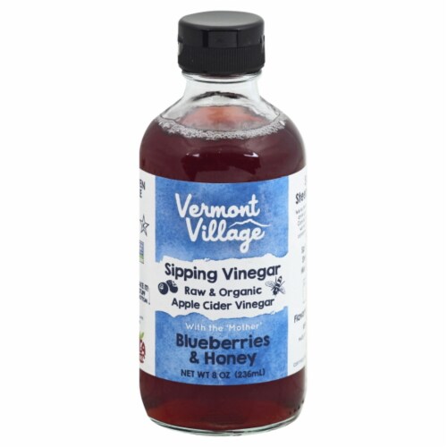 Vermont Village Organic Blueberries & Honey Sipping Vinegar Perspective: front