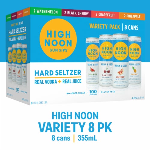 High Noon Vodka Hard Seltzer Mixed 8 Pack Single Serve 355ml Cans Perspective: front