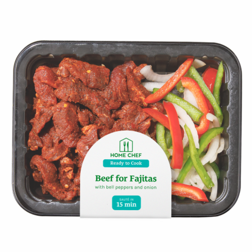 Home Chef Beef for Fajitas with Bell Pepper and Onion Perspective: front