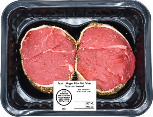 Bacon Wrapped Salt and Pepper Crusted Petite Beef Sirloin Steaks Perspective: front
