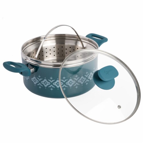 Spice by Tia Mowry Savory Saffron Healthy Nonstick 5QT Dutch Oven W/Steamer Inster- Teal Perspective: front