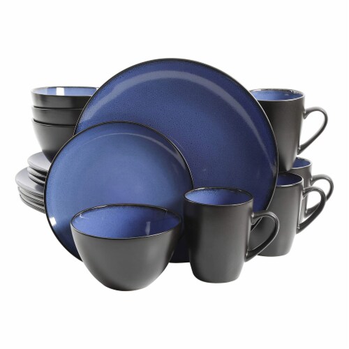 Gibson Soho Lounge 16 Piece Round Glaze Dinnerware Plates, Bowls, & Mugs, Blue Perspective: front