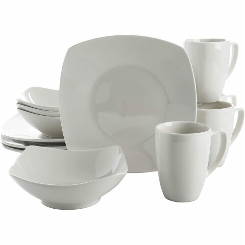 Gibson Zen Buffetware 12 Piece Square Dinnerware Plate, Bowl, & Mug Set, White Perspective: front