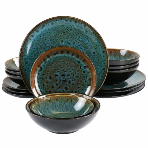 Gibson Elite Kyoto Teal Double Bowl 16 Piece Stoneware Dinnerware Set in Teal and Brown 1 Each Baker s