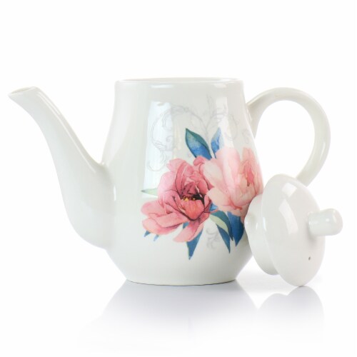 Martha Stewart White Floral Ceramic Tea Pot Perspective: front