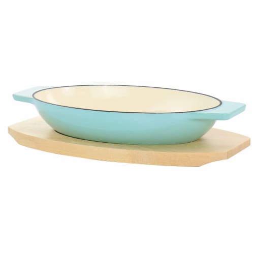 Martha Stewart Aqua Enameled Cast Iron Oval Casserole & Birch Wood Trivet Set Perspective: front