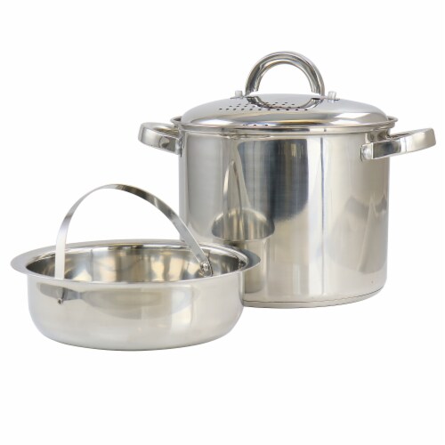 Oster 130010.03 5 Quart Sangerfield Stainless Steel Pasta Pot with Strainer Lid & Steamer Bas Perspective: front