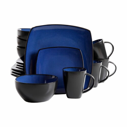 Gibson Elite Soho Lounge 16 Piece Plates, Bowls, & Mugs Dinnerware Set, Blue Perspective: front