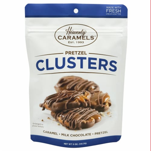 Heavenly Caramels™ Milk Chocolate Pretzel Clusters Pouch Perspective: front