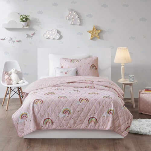 Mizone Kids Alicia Rainbow with Metallic Printed Stars Reversible Coverlet Set Pink Twin Twin Fred Meyer